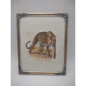 Vintage Leopard Wild Cat Print Wilhelm Eigener in Ornate Gold Metal Frame, READ